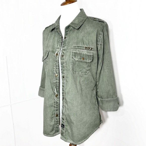 Rails Studded Distressed Green Snap Button Long Sleeve Utility Shacket Shirt - Picture 3 of 10